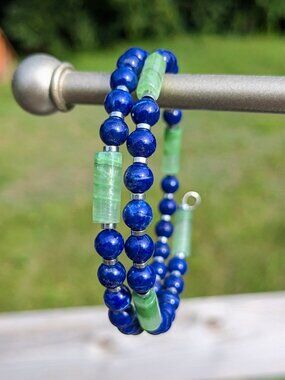 Lapis Lazuli, Green Stone, Silver Hematite Bracelet
